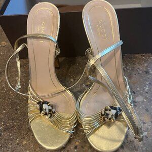 GUCCI Women's Gold Metallic Strappy Sandals with Tiger Charm